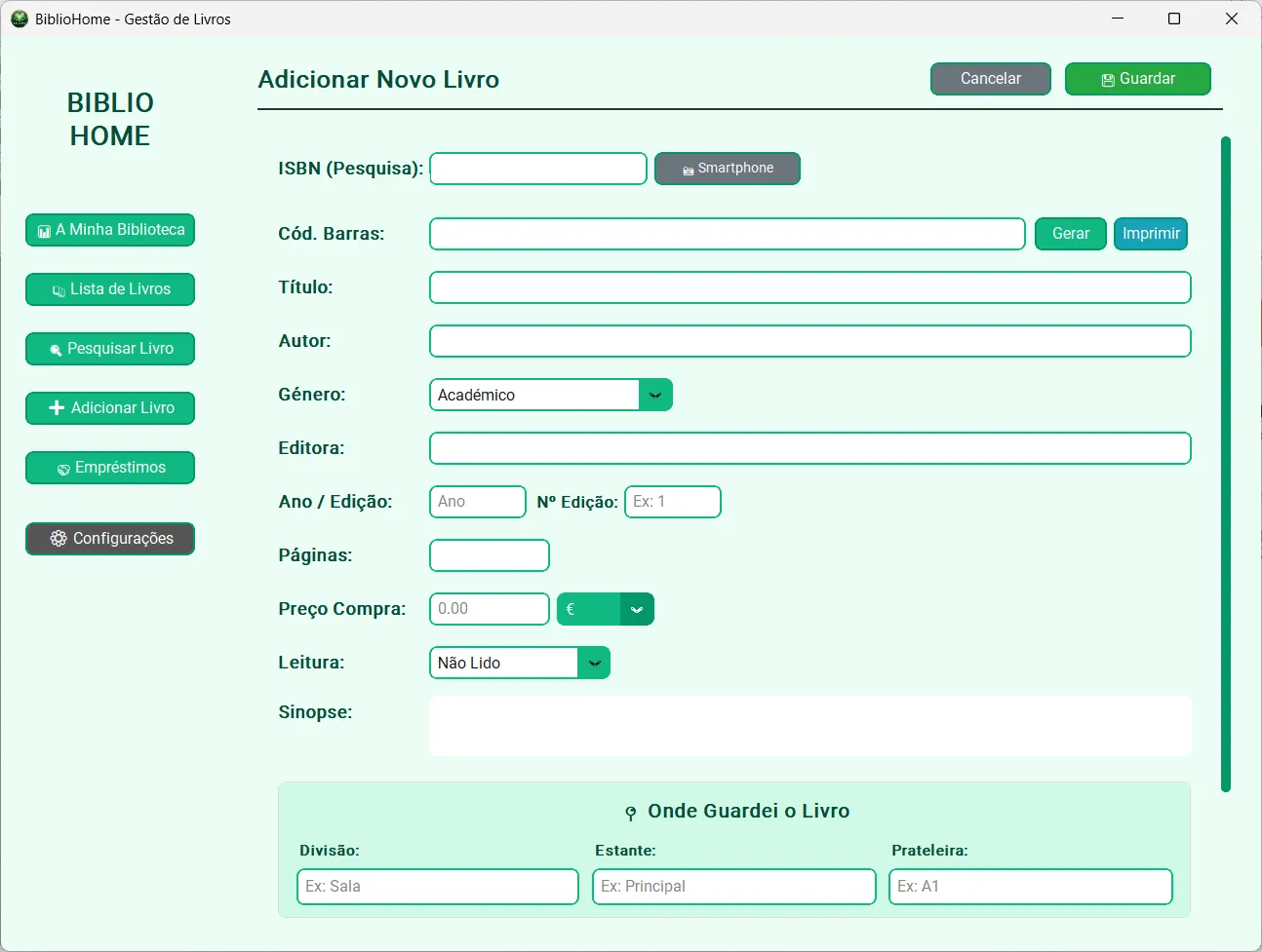 BiblioHome Interface - Gestão de Livros